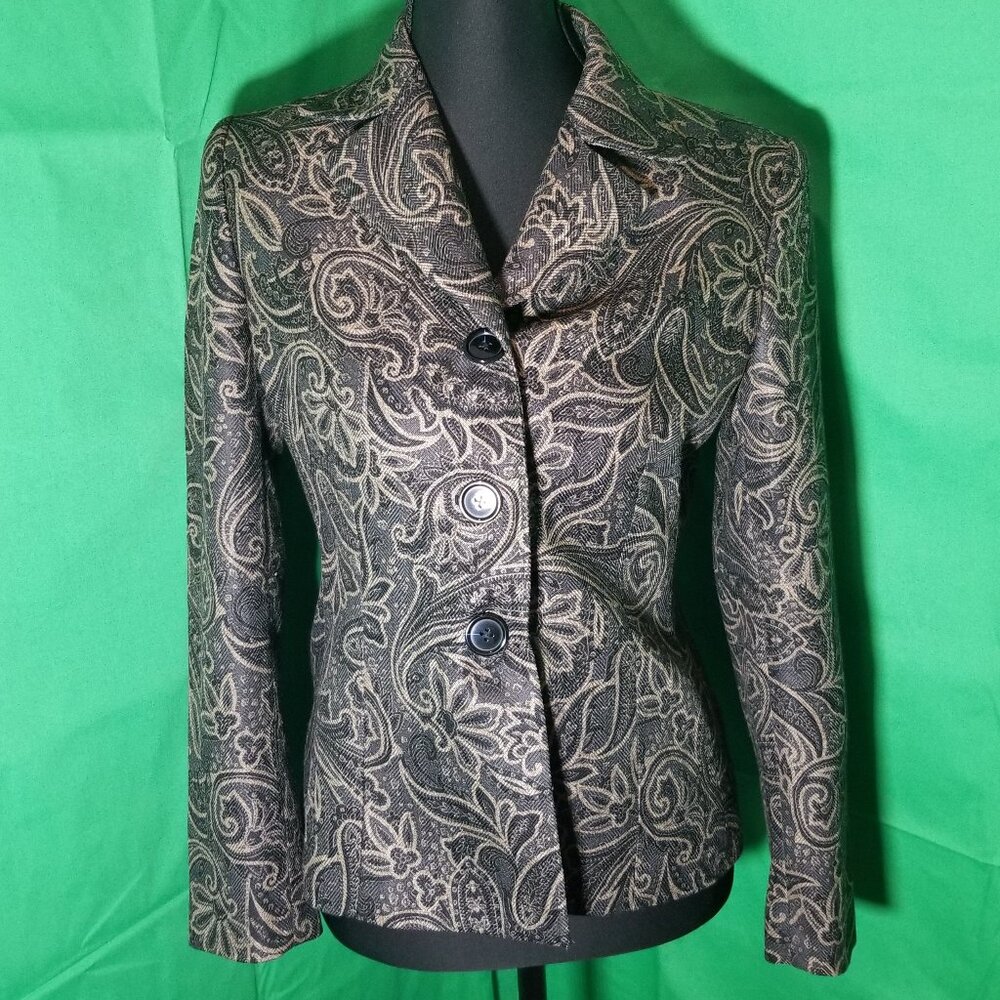 Kasper Black Tan Tapestry Brocade Blazer Jacket Paisley Floral Womens Size 2P